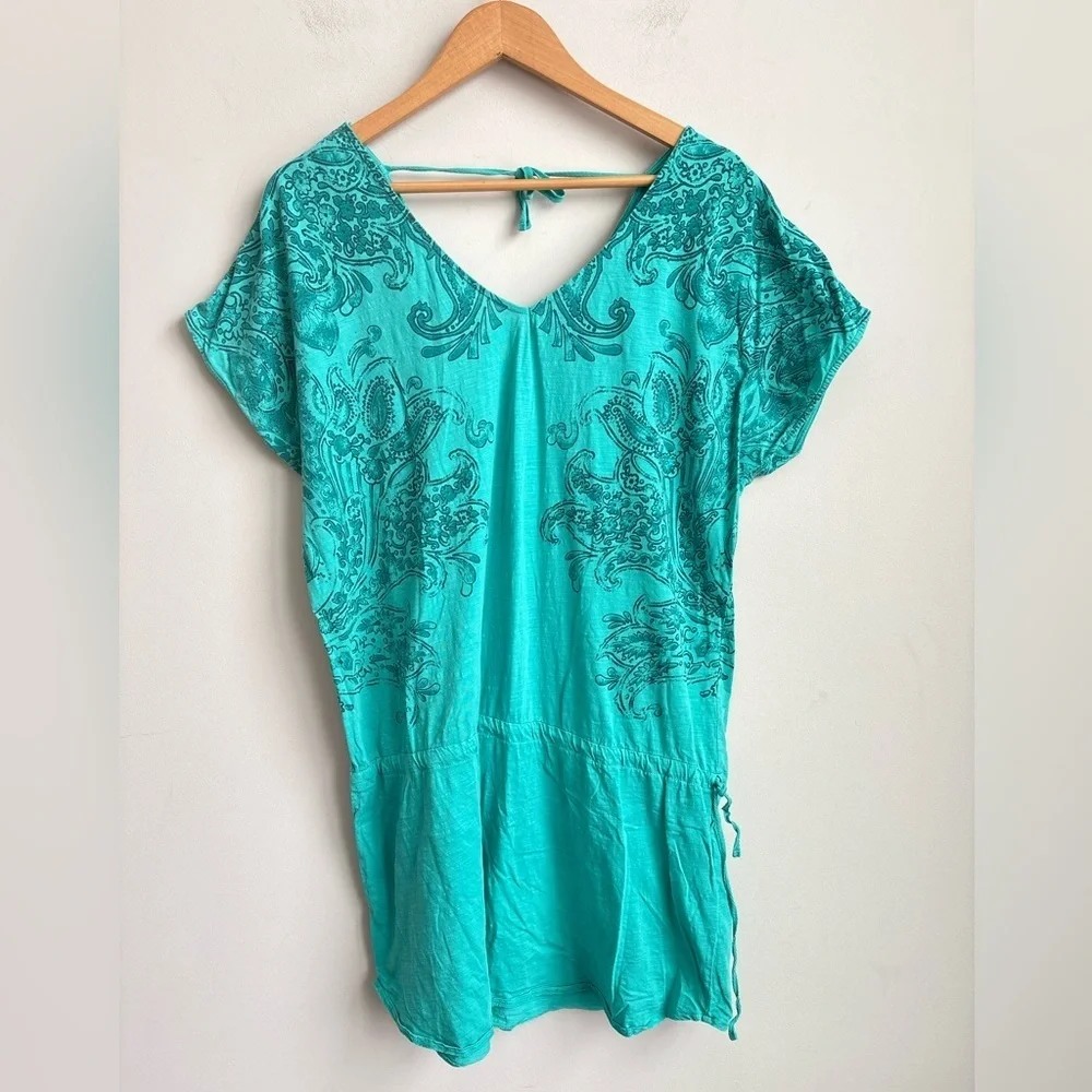 PrAna Teal Paisley Organic Cotton Drawstring Tunic Dress | XL | Boho Beach